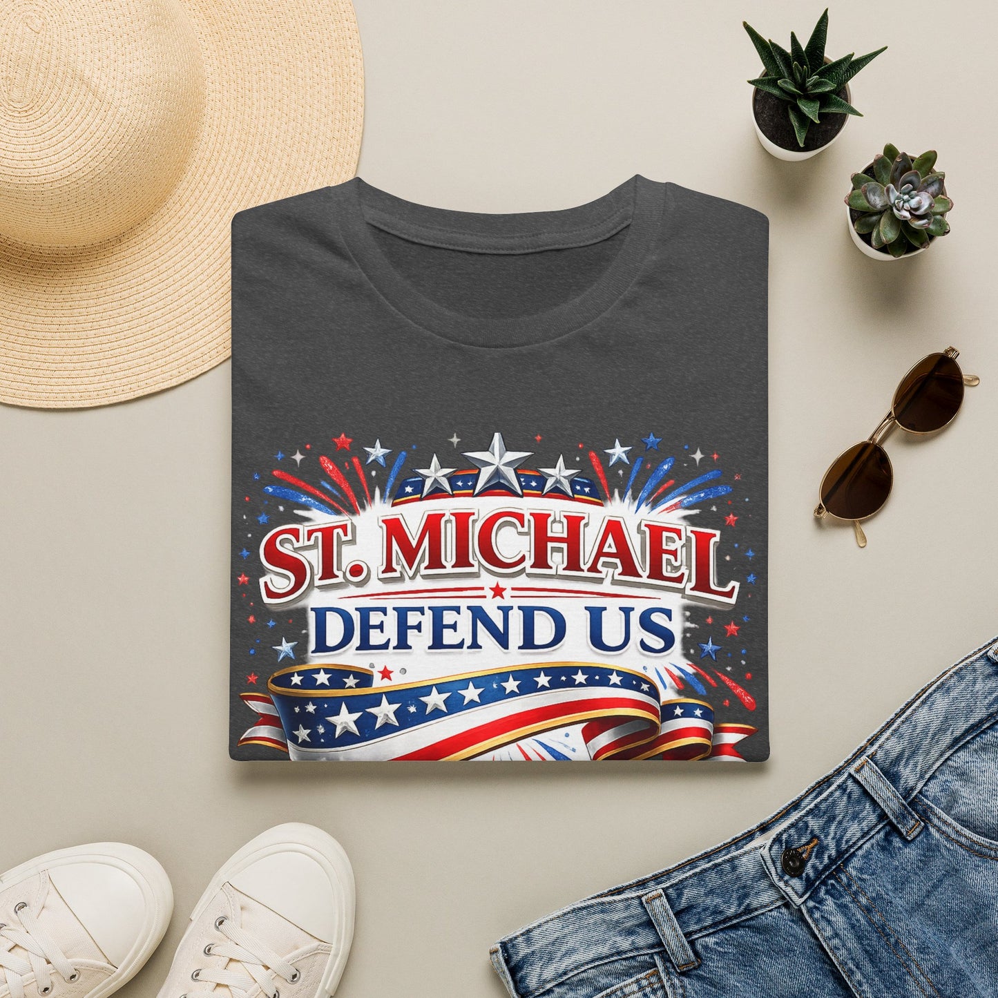 T-Shirt — St. Michael Defend Us Patriotic Guardian Angel Tee - Ludus Catholic Games