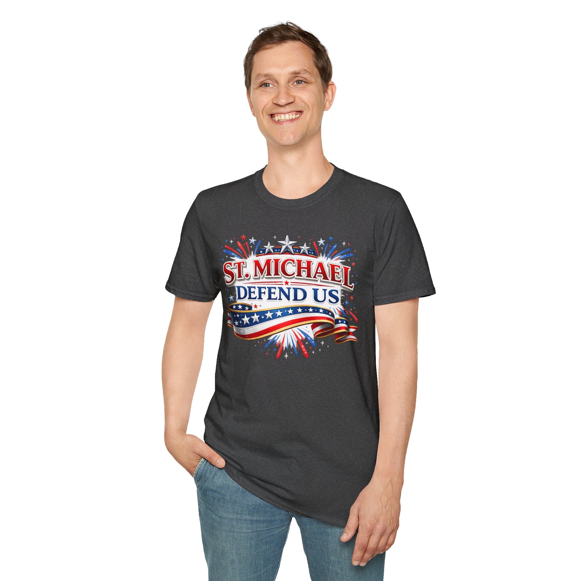 T-Shirt — St. Michael Defend Us Patriotic Guardian Angel Tee - Ludus Catholic Games