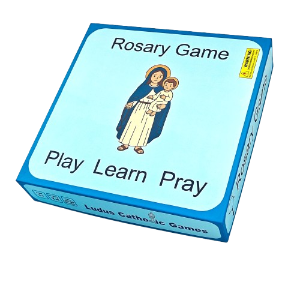 Rosary Game box with Mary and child, promoting play, learn, pray for Catholic families