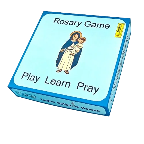 Rosary Game box featuring Mary and child, promoting play, learn, pray for Catholic families