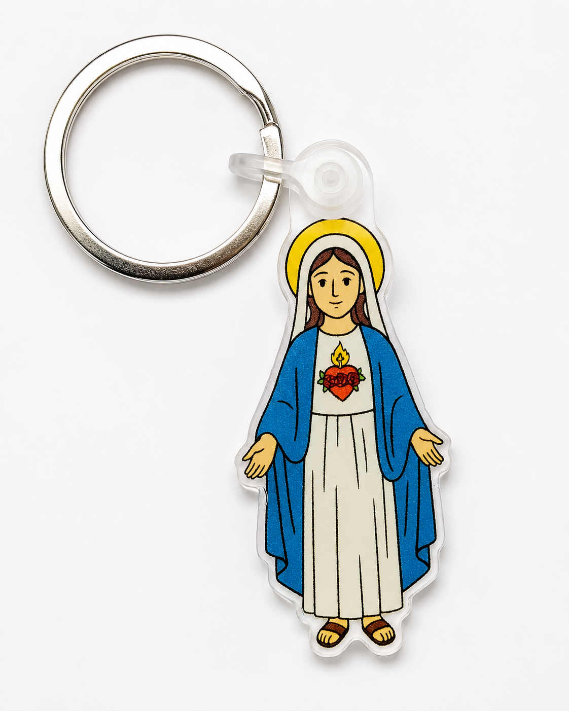 A die-cut acrylic keychain featuring a stylized illustration of the Immaculate Heart of Mary