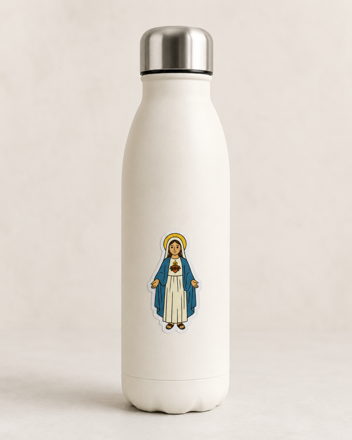 Immaculate Heart of Mary vinyl sticker on a water bottle.