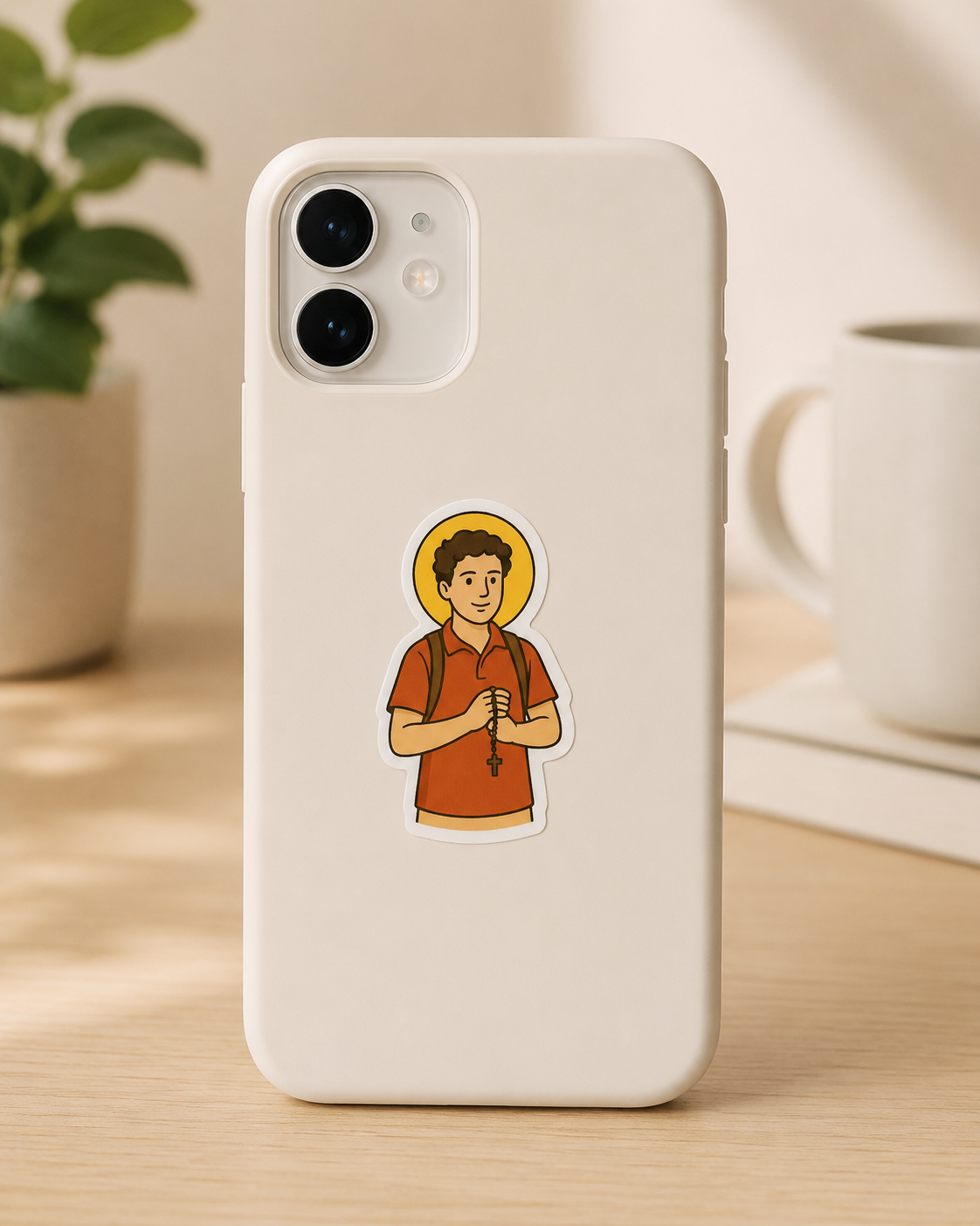 St. Carlo Acutis vinyl sticker on a phone case